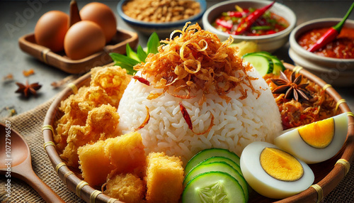 indonesian food nasi uduk with bawang goreng photo