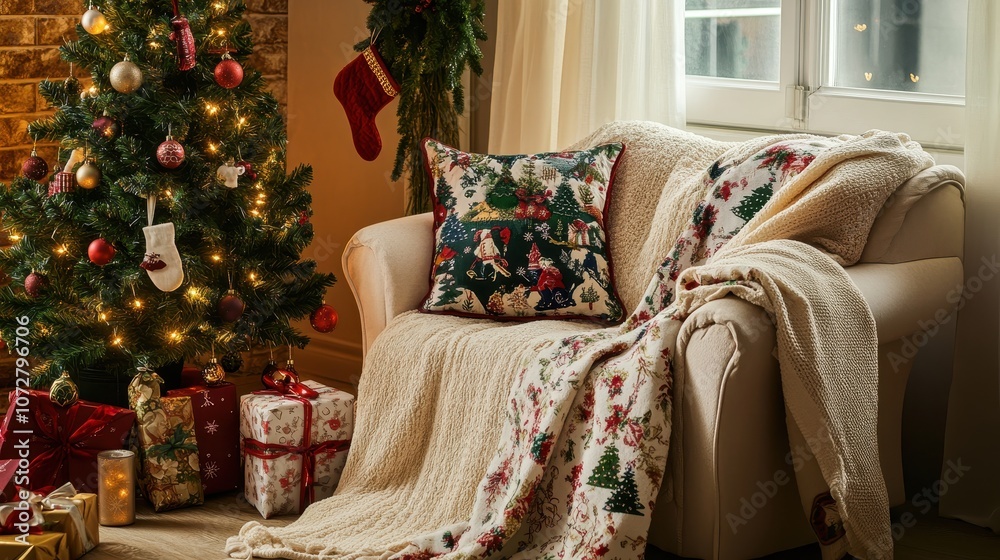 A cozy corner filled with plush blankets, a holiday-themed throw pillow, and a small tree decorated with ornaments and lights. A cozy corner filled with plush blankets, a holiday-themed throw pillow, and a small tree decorated with ornaments and lights.