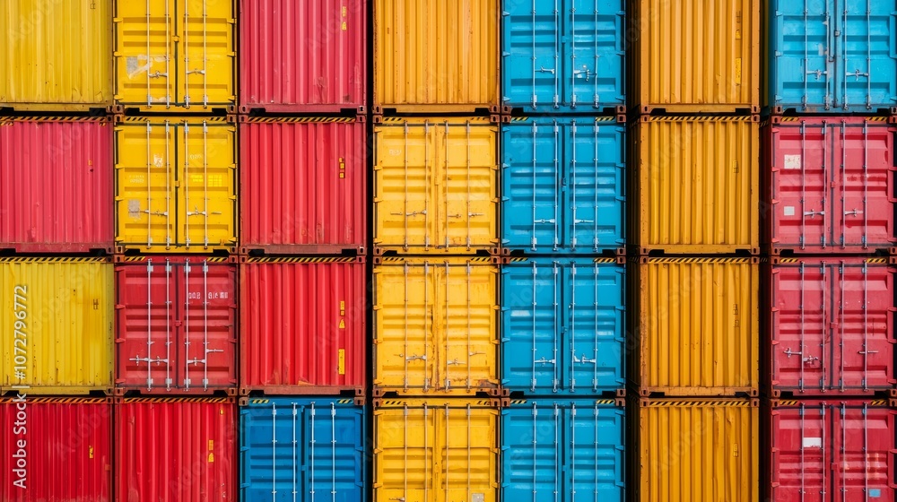 Fototapeta premium Colorful Stacked Shipping Containers in Urban Setting