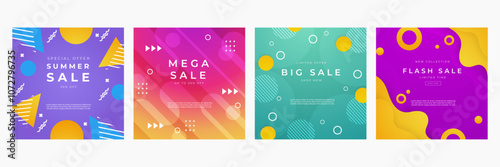 Colorful Abstract Sale Banners for Summer Mega Discounts. Bright and modern sale banners featuring colorful abstract designs. Ideal for summer, mega, big, and flash sales promotions