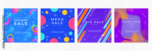 Colorful Abstract Sale Banners for Summer Mega Discounts. Bright and modern sale banners featuring colorful abstract designs. Ideal for summer, mega, big, and flash sales promotions