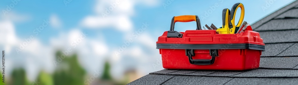 Toolbox on Rooftop Next to Cleaned Gutters Toolbox on Rooftop Next to Cleaned Gutters