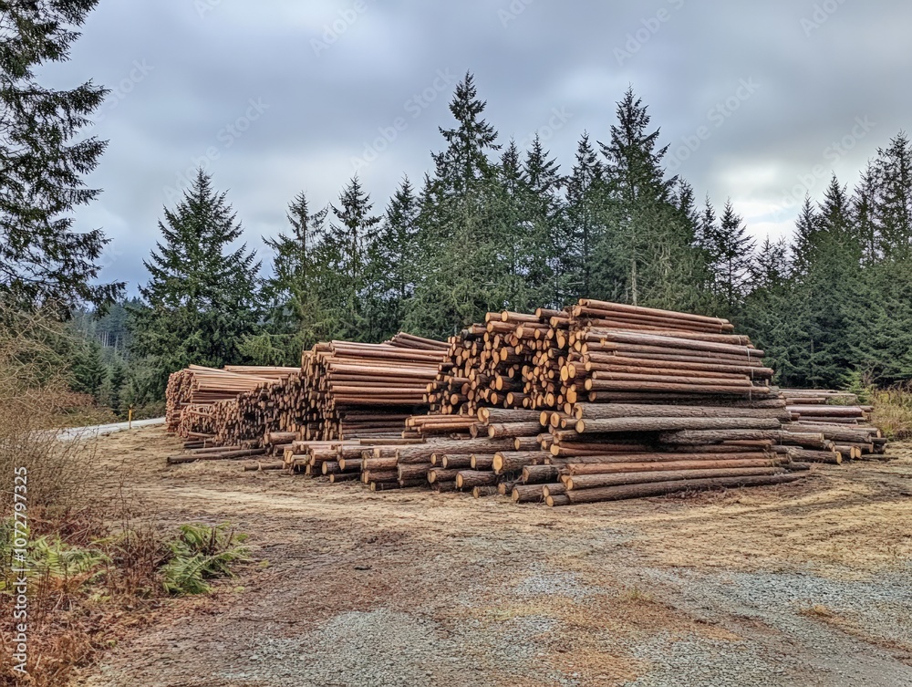 Stacked logs in forest clearing under overcast skies Stacked logs in forest clearing under overcast skies