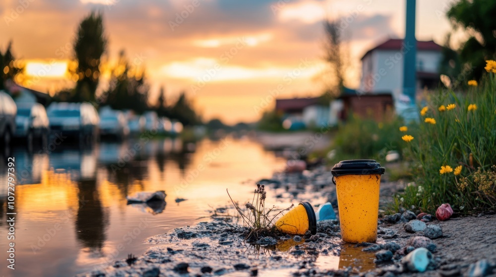 Urban Pollution in Contaminated Waterway at Sunset Urban Pollution in Contaminated Waterway at Sunset