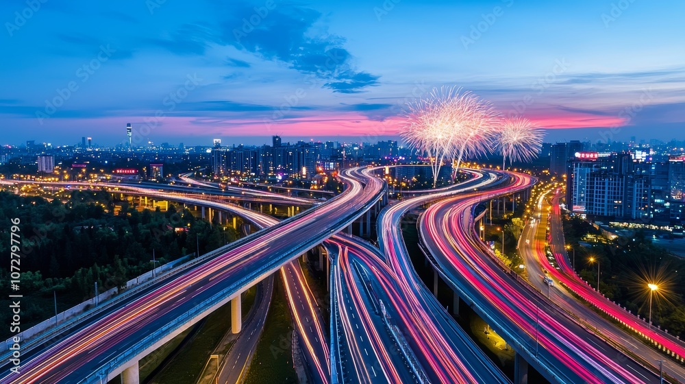 Fototapeta premium Fireworks Over Highways Under Construction at Sunset