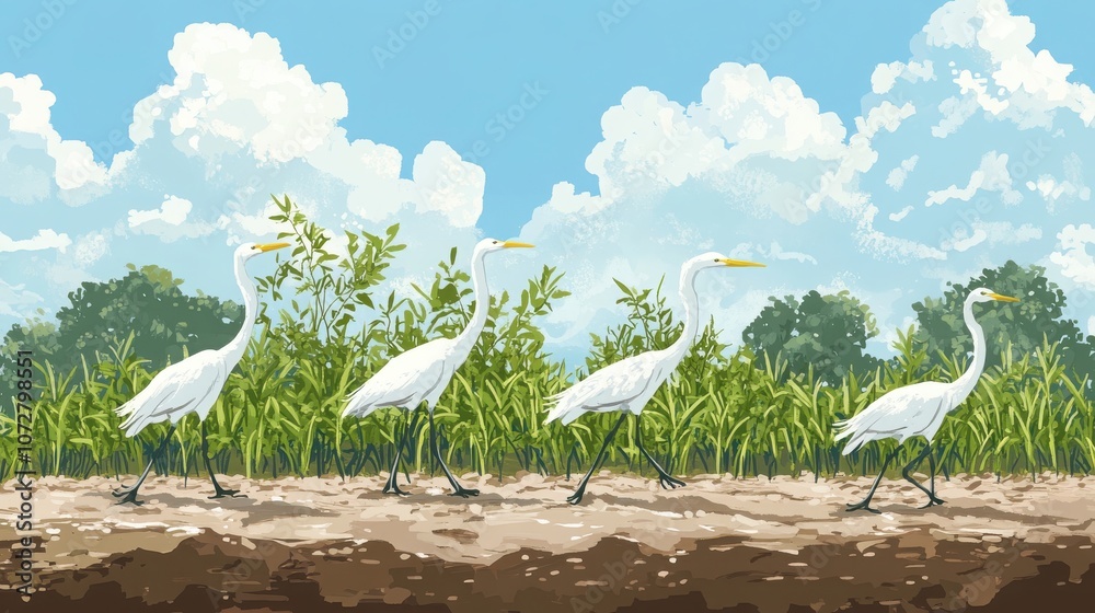 Fototapeta premium Egrets Walking in Rice Field Under Clear Blue Sky