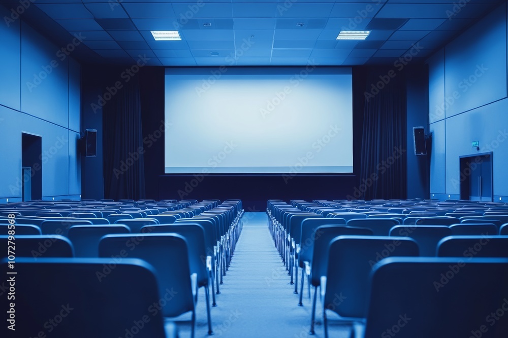 Modern minimalist conference room featuring rows of chairs and a projector screen set for a professional presentation during the day Modern minimalist conference room featuring rows of chairs and a projector screen set for a professional presentation during the day