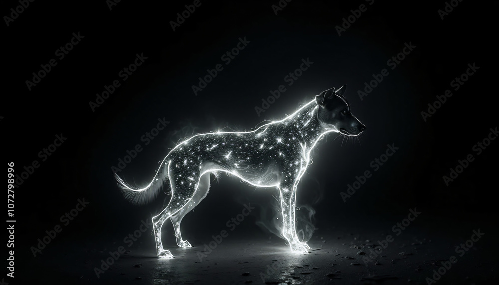 Fototapeta premium animal standing in the dark with glowing lights around it