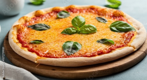 Delicious Pizza with Fresh Basil on a Wooden Board