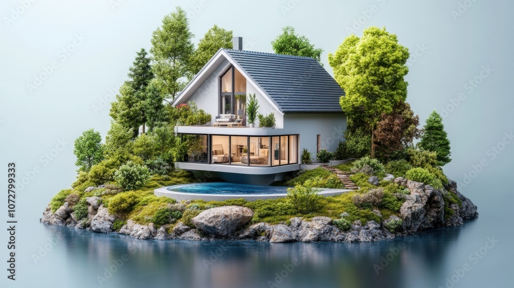 Modern House with Greenery and Water Surrounding Modern House with Greenery and Water Surrounding
