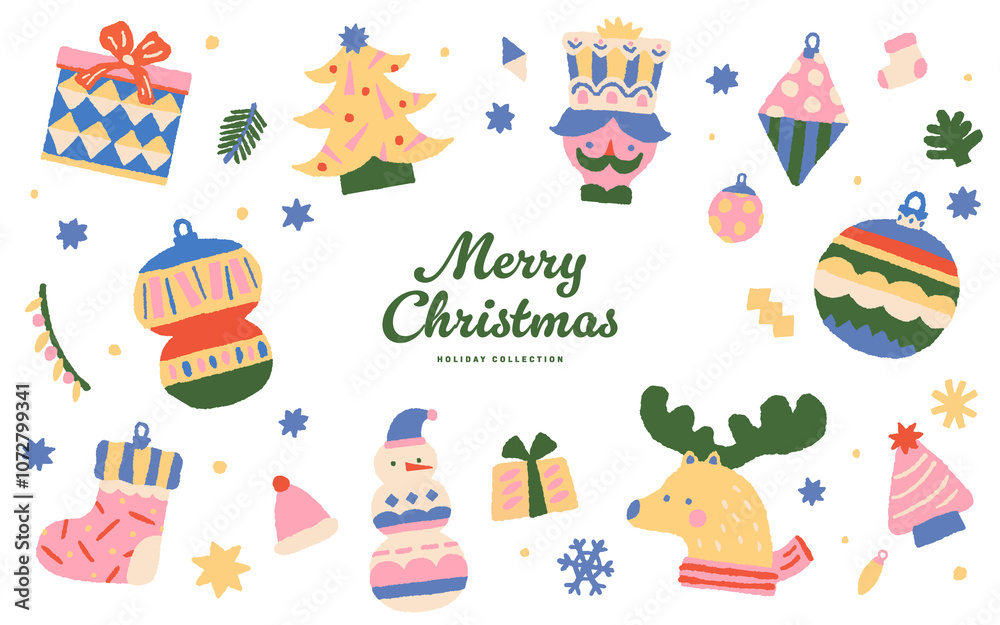 Fototapeta premium Christmas decorative hand drawn illustration with Santa Claus, gift boxes, trees, ornaments, socks, deer and many others.