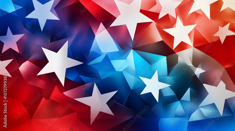 Abstract red and blue geometric shapes with white star motifs and artistic design. Abstract red and blue geometric shapes with white star motifs and artistic design.
