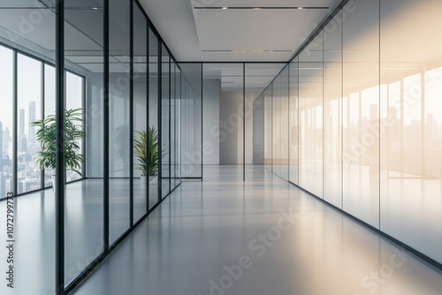 Wallpaper Mural Modern minimalist office interior with glass partitions and natural light in a spacious workspace during daylight hours Torontodigital.ca