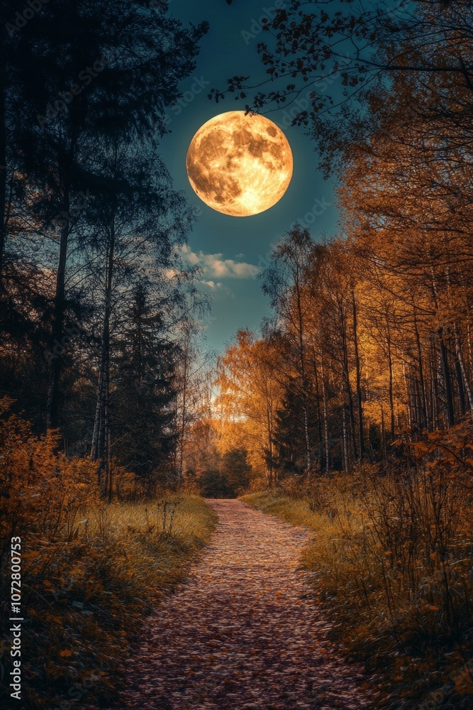 Fototapeta premium A mystical pathway through a moonlit forest illuminated by a bright full moon on a tranquil night