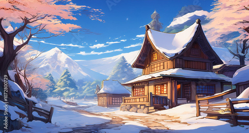 anime style village bacground with wooden house on snow weather photo