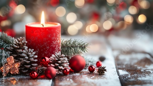 A Red Candle Burning Amongst Christmas Decorations on a Snowy Wooden Table