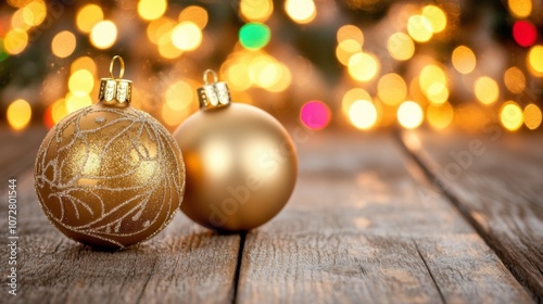 Golden Christmas Ornaments on a Wooden Surface with Bokeh Lights