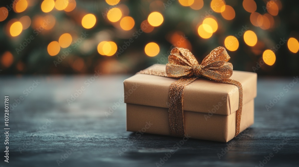 A Golden Gift Box with a Glittering Bow on a Dark Wooden Table