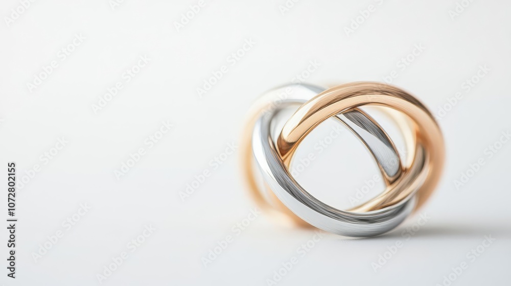 A minimalistic, intertwined gold and silver rings with holographic shimmer, isolated on white, symbolic of commitment, ultrahigh detail A minimalistic, intertwined gold and silver rings with holographic shimmer, isolated on white, symbolic of commitment, ultrahigh detail