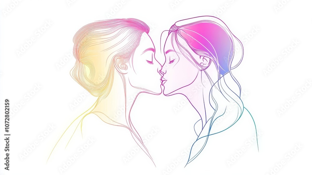 A minimalist line art of couple kissing, holographic glow outlines, elegant and stylish, isolated on white background A minimalist line art of couple kissing, holographic glow outlines, elegant and stylish, isolated on white background