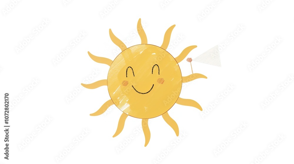 Bright and Cheerful Cartoon Sun on White Background: A Ray of Sunshine Bright and Cheerful Cartoon Sun on White Background: A Ray of Sunshine