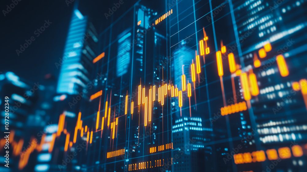 Fototapeta premium Smart digital Innovation Business skyscrapers in the Financial District with connection network reciprocity over the cityscape. of future smart wireless digital city and social media networking