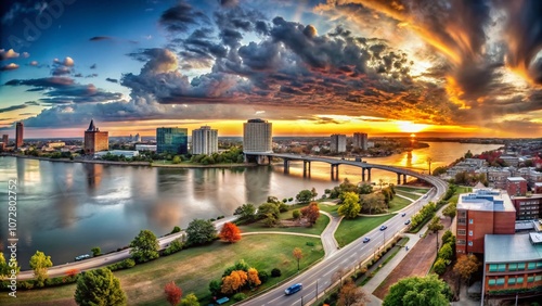 Panoramic View of Owensboro, USA: A Stunning Landscape Showcasing the Ohio River, City Skyline, and Natural Beauty of Kentucky in a Vibrant Sunset Scene