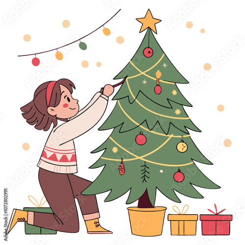 Christmas Cheer: A girl decorates her Christmas tree with festive lights and ornaments, surrounded by gifts.  A heartwarming illustration perfect for holiday cards and social media. 