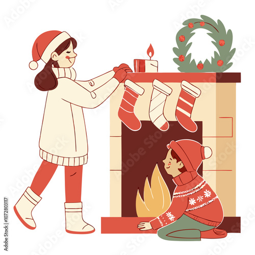 Christmas Cheer: A festive illustration of a happy brother and sister hanging stockings by the fireplace, radiating warmth and holiday spirit.