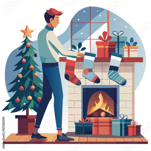 Christmas Cheer: A man hangs stockings on a fireplace mantel, preparing for Santa's arrival. The cozy scene is filled with festive decorations, a warm fireplace, and a decorated Christmas tree.