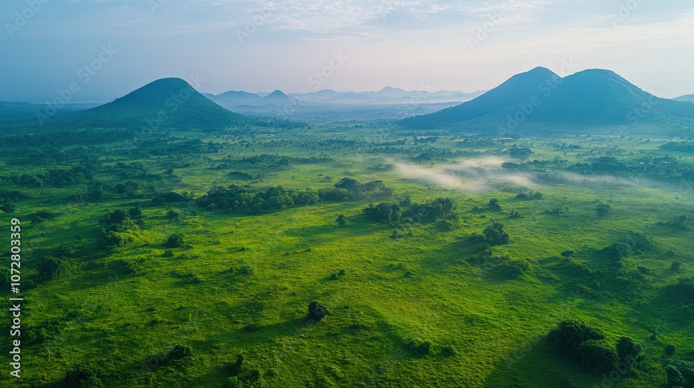 Naklejka premium Serene tropical landscape at sunrise, with mist gently hovering over lush green fields and scattered trees, framed by distant mountains.