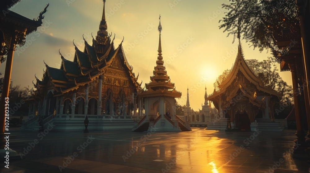 Majestic Thai Buddhist Temple at Sunset Majestic Thai Buddhist Temple at Sunset