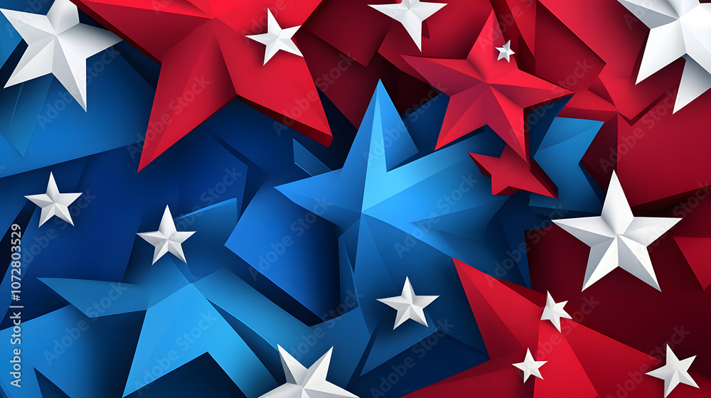 Abstract red and blue geometric shapes with white star motifs and artistic design. Abstract red and blue geometric shapes with white star motifs and artistic design.