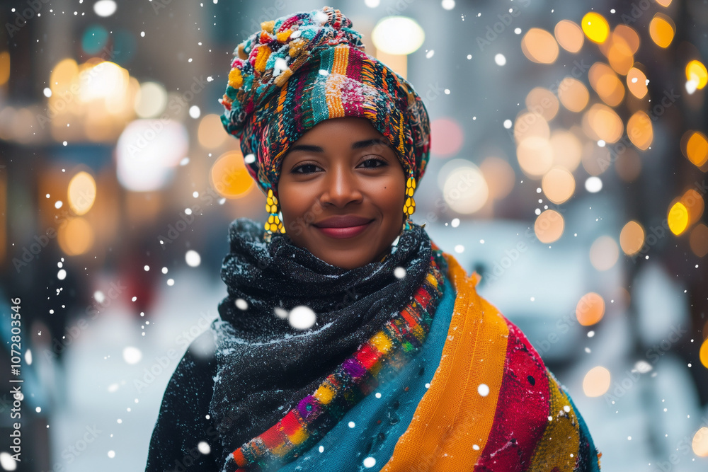 A woman in traditional winter clothing, standing outside in a snowy urban setting with subtle holiday lights in the background. colorful cultural attire, creating a unique blend of cultural heritage A woman in traditional winter clothing, standing outside in a snowy urban setting with subtle holiday lights in the background. colorful cultural attire, creating a unique blend of cultural heritage