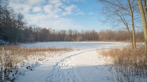 Footprints in the Snow Leading to a Frozen Lake