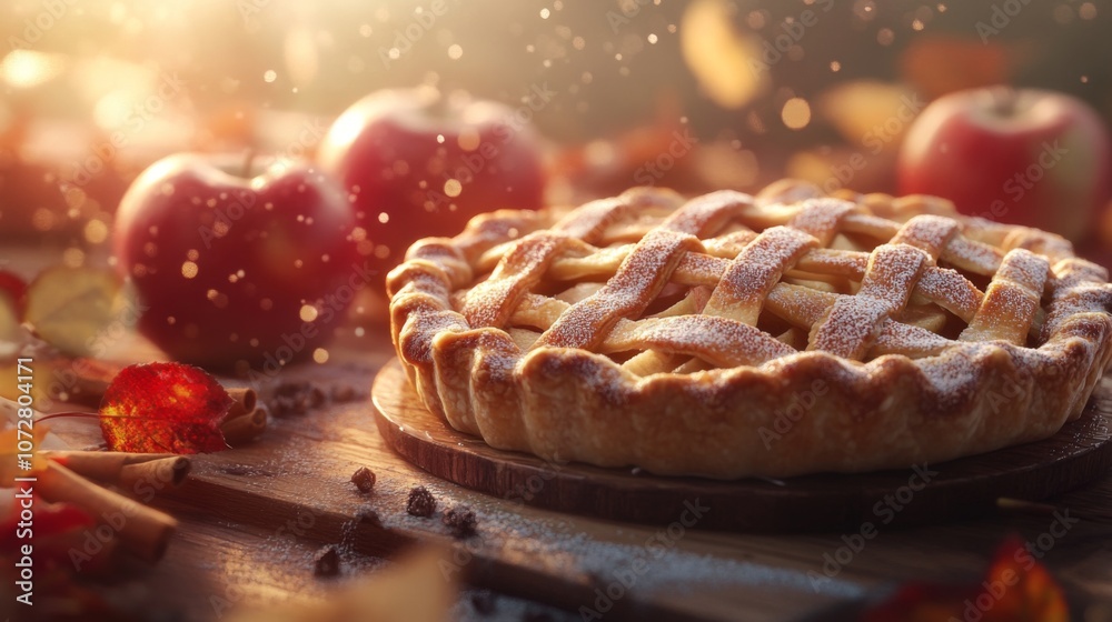 Apple Pie with Powdered Sugar on Wooden Board with Apples and Autumn Leaves Apple Pie with Powdered Sugar on Wooden Board with Apples and Autumn Leaves