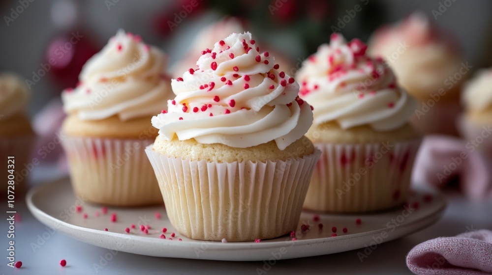 Three White Cupcakes with Pink Sprinkles on a Plate Three White Cupcakes with Pink Sprinkles on a Plate