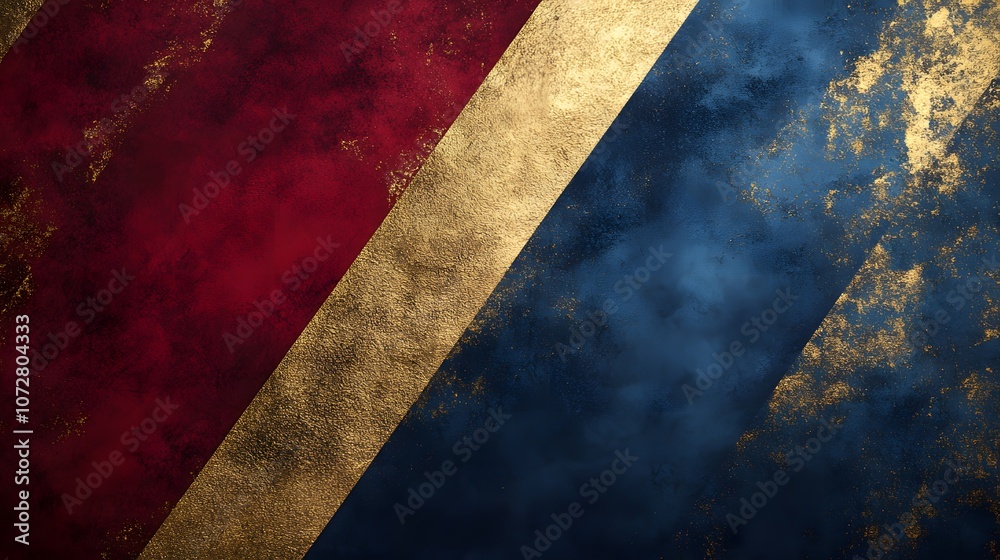 Create a striking background with bold colors such as deep red, royal blue, and gold, interspersed with dynamic, granulated golden accents. The dramatic color contrast and luxurious texture should Create a striking background with bold colors such as deep red, royal blue, and gold, interspersed with dynamic, granulated golden accents. The dramatic color contrast and luxurious texture should