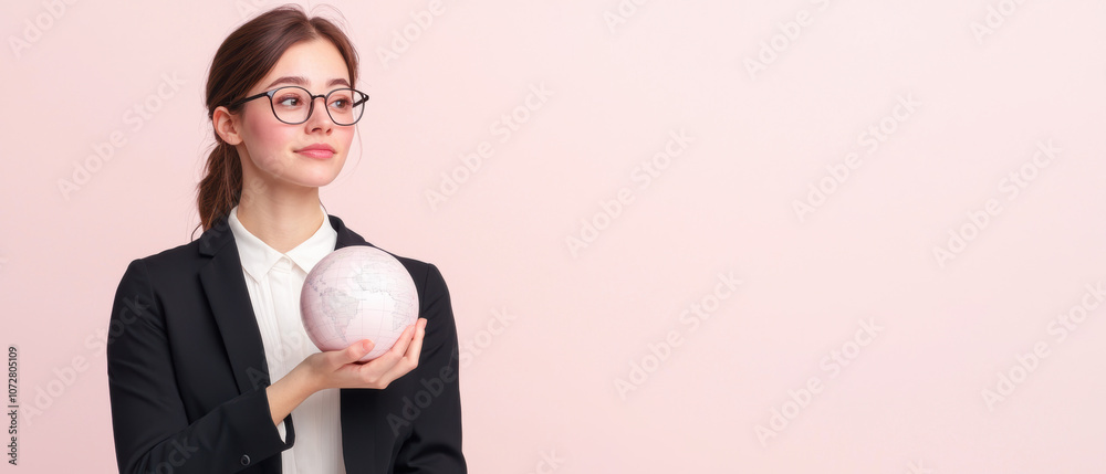 A professional woman with glasses holds a spherical object, looking thoughtfully to the side against a soft pink background. A professional woman with glasses holds a spherical object, looking thoughtfully to the side against a soft pink background.
