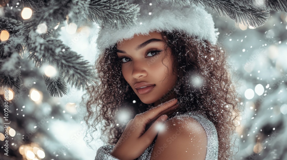 Woman with Curly Hair in a Snowy Winter Setting Woman with Curly Hair in a Snowy Winter Setting