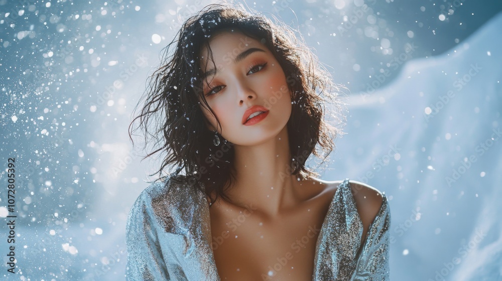 A Woman with Dark Hair and a Glittering Outfit Stands in Falling Snow A Woman with Dark Hair and a Glittering Outfit Stands in Falling Snow