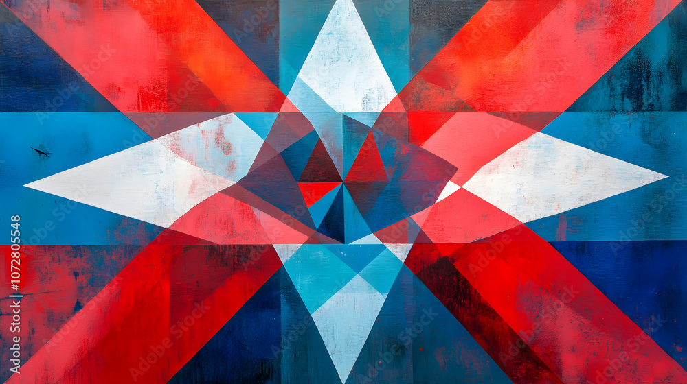 Abstract red and blue geometric shapes with white star motifs and artistic design. Abstract red and blue geometric shapes with white star motifs and artistic design.