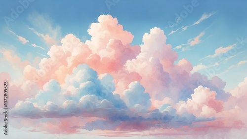 Fluffy pastel clouds watercolor landscape with blue sky and soft pink tones