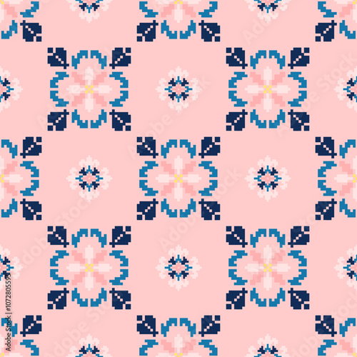 Art Abstract with Floral Pixel Designs. Traditional Cross Stitch needlework. Geometric Ethnic Pattern, Embroidery, Textile Ornamental, Fabric, Hand Stitch Pattern, Cultural Stitching Pixel Art