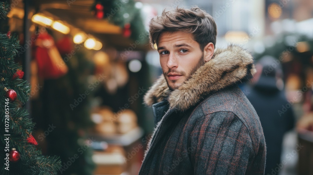 Man in Fur-Trimmed Coat Looking Back at Christmas Market Man in Fur-Trimmed Coat Looking Back at Christmas Market