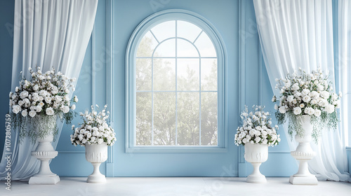 Light blue wall with white curtains, a window, and two flower vases on the sides, creating an elegant backdrop for a photo shoot. This photo studio backdrop is suitable for wedding photography 
