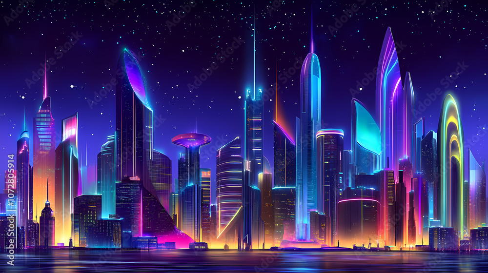 Futuristic cityscape at night, neon lights. Utopia. Illustration