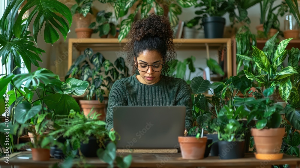 A strong female entrepreneur in a casual workspace filled with plants and natural light typing on her laptop with a focused expression showing independence and creativity in a relaxed setting A strong female entrepreneur in a casual workspace filled with plants and natural light typing on her laptop with a focused expression showing independence and creativity in a relaxed setting
