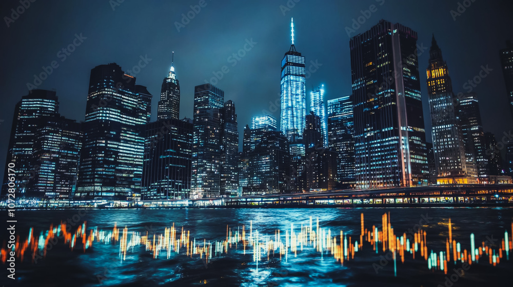 Fototapeta premium Smart digital Innovation Business skyscrapers in the Financial District with connection network reciprocity over the cityscape. of future smart wireless digital city and social media networking