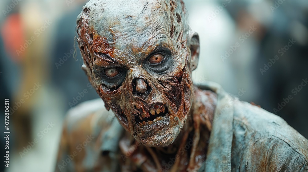 A realistic zombie figure with grotesque features and haunting eyes.